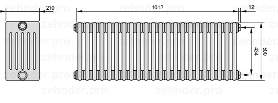 Схема (чертеж) Радиатор Zehnder Charleston 6050/22 №7610 Белый глянцевый RAL 9016